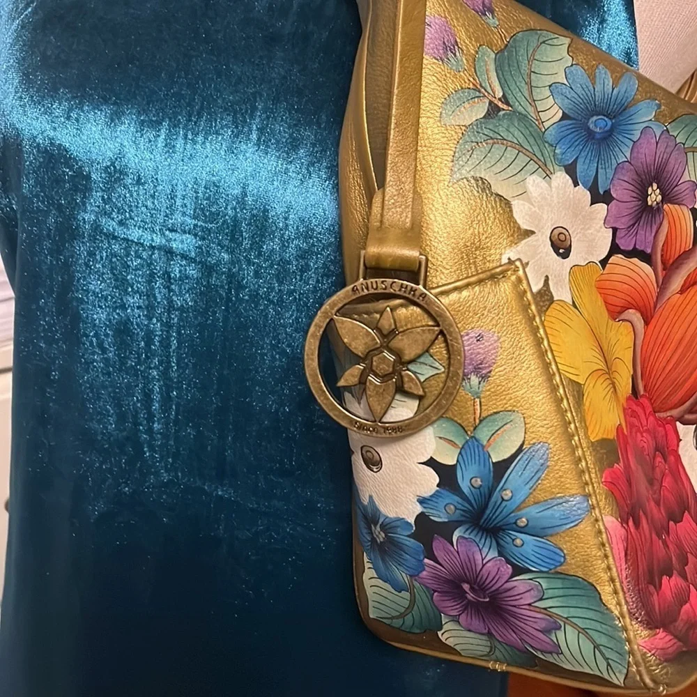 Anuschka hand painted leather golden hobo style shoulder bag